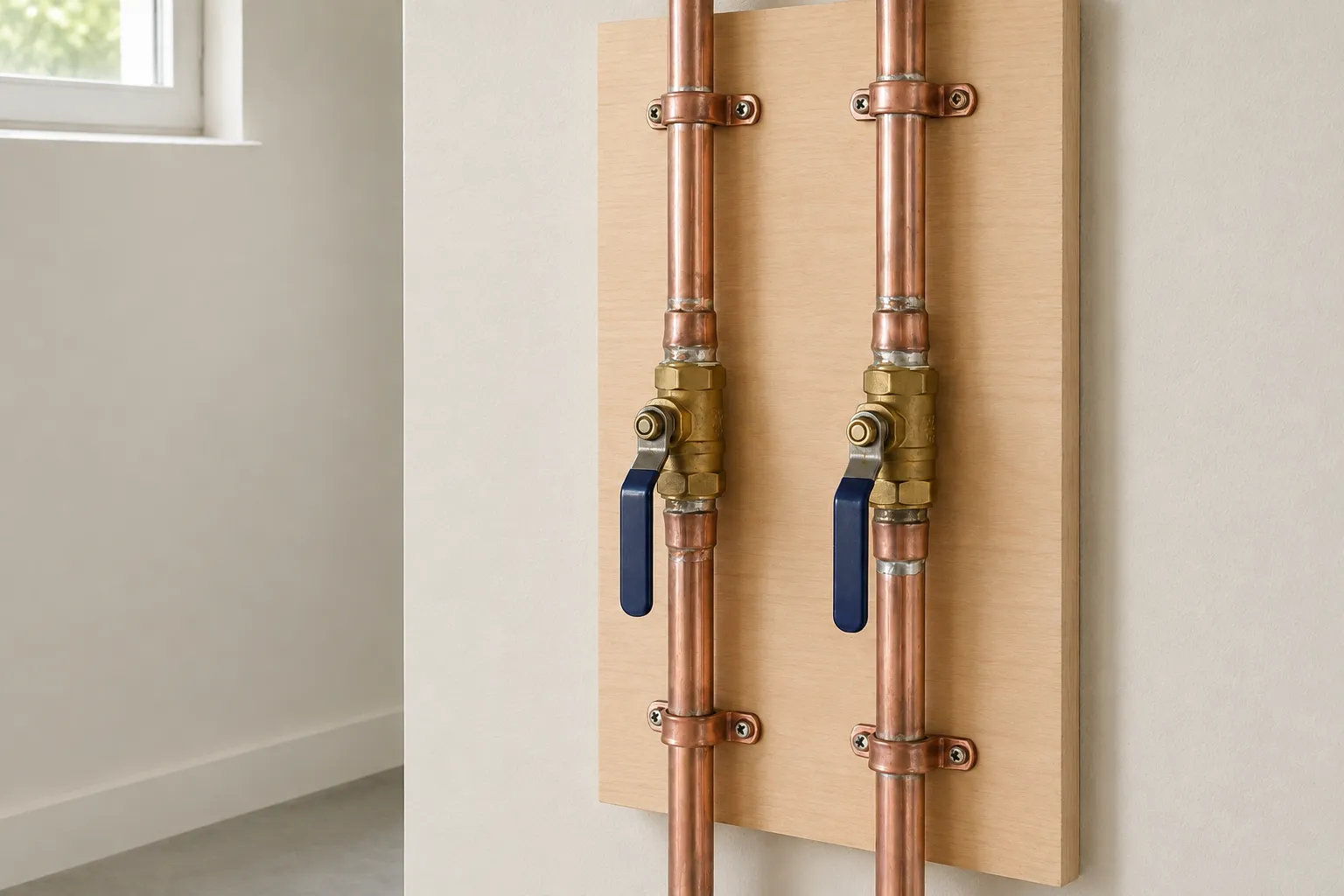 basement copper supply pipes with shutoff valves