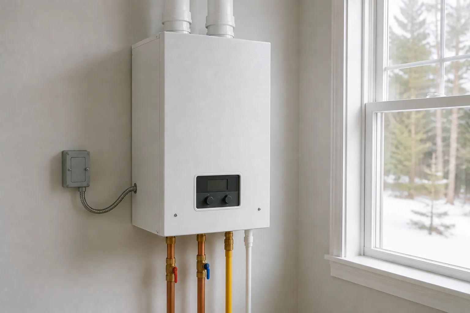 wall-mounted boiler with a recessed control panel in a clean utility room