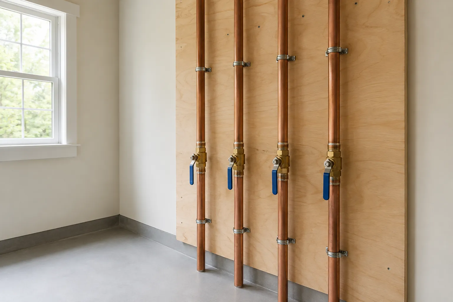 copper water supply pipes and shutoff valves in a clean mechanical room