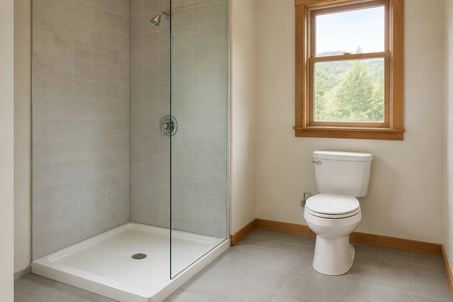 bathroom with a tiled walk-in shower and white toilet