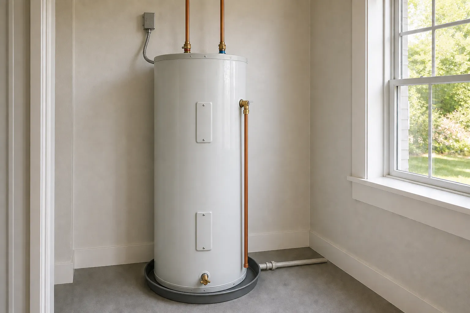 electric tank water heater with copper piping and a drain pan