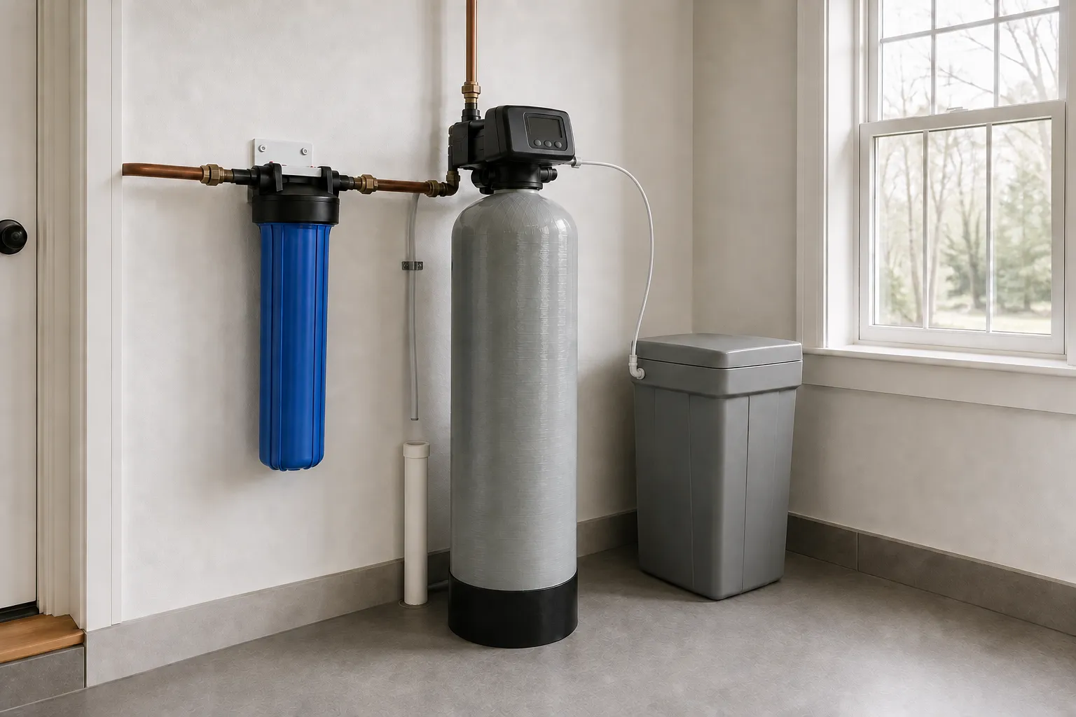 whole-house filter and water softener with a separate brine tank