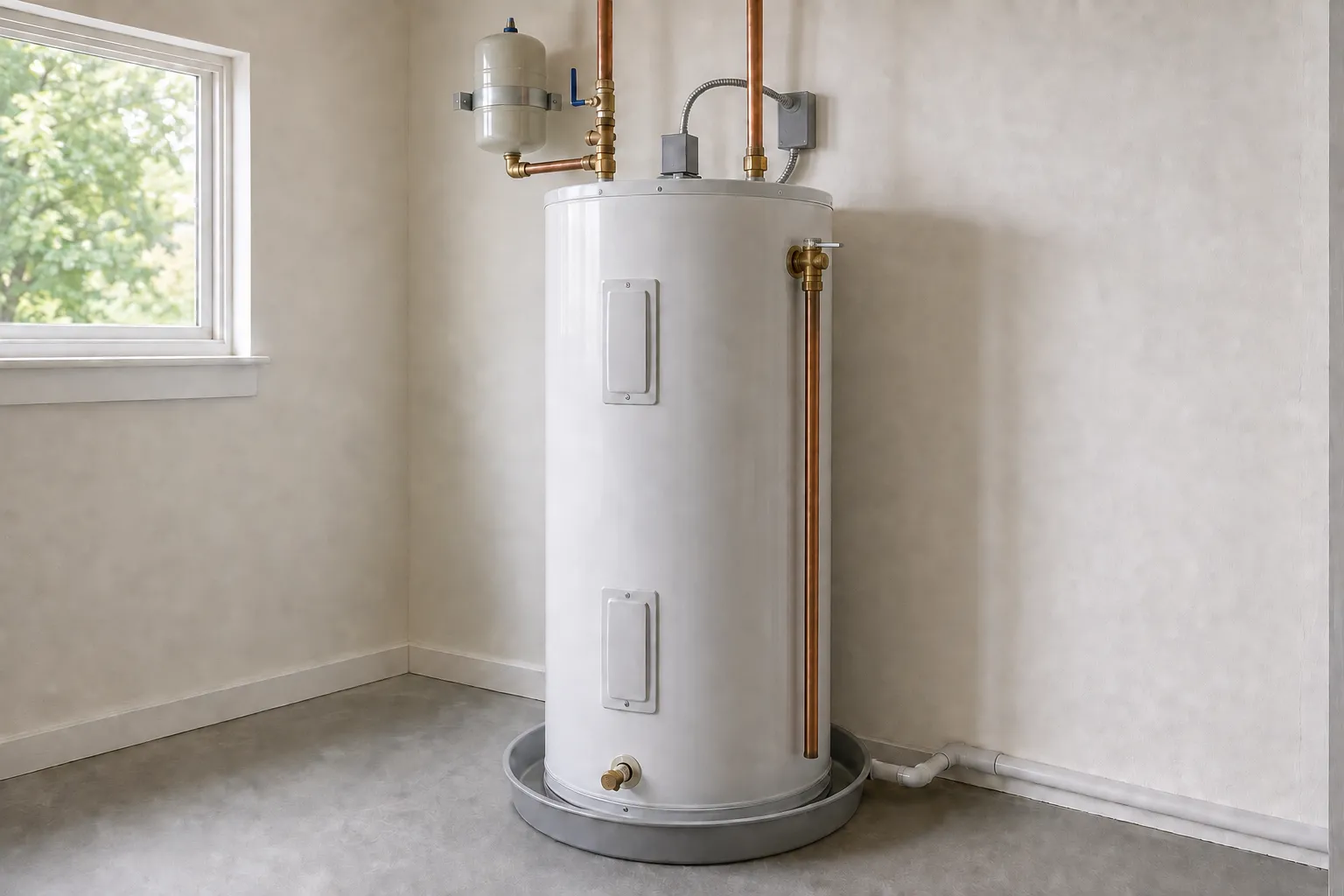 electric tank water heater in a clean basement utility room